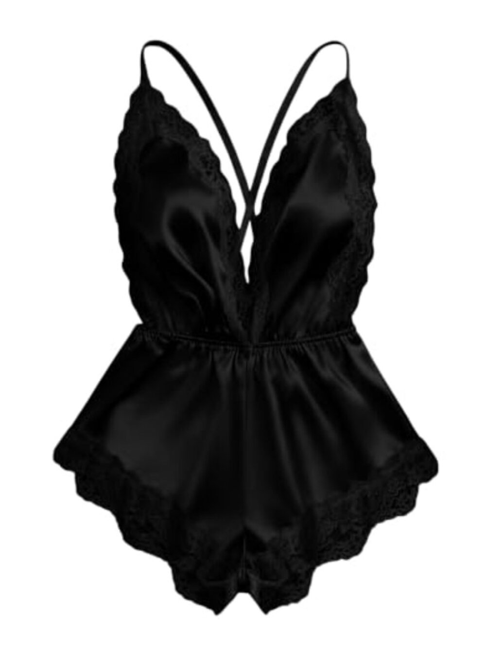 Satin Lace Trim Lingerie Romper Deep V Backless Sleepwear